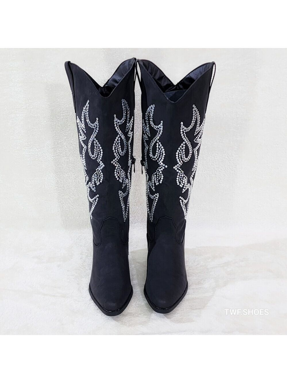 NIB Ann Black Leatherette With Rhinestones Country Glam Western Cowgirl Knee Bo - Picture 6 of 6